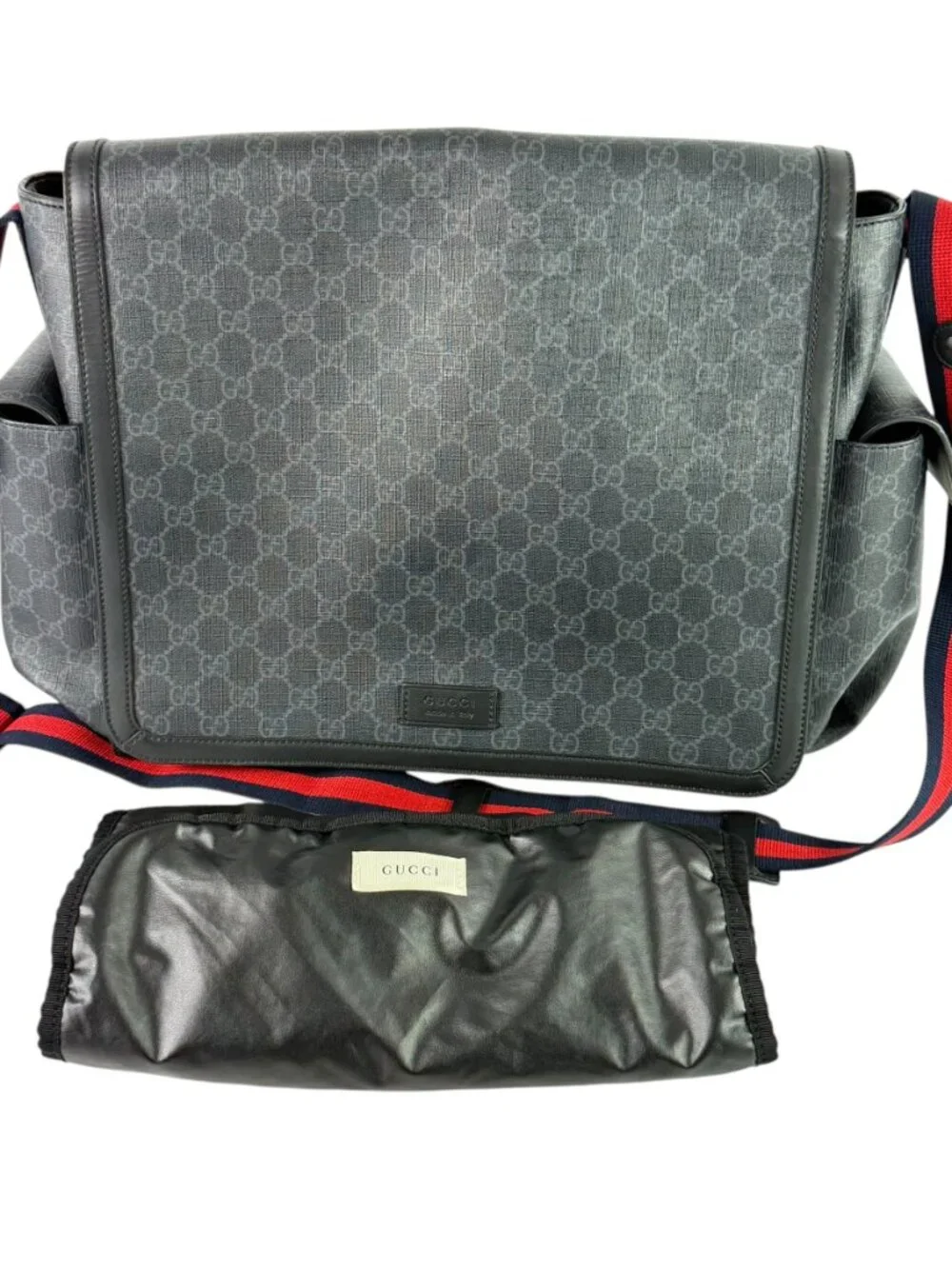 GUCCI Gray Supreme Canvas Leather Trim GG Web Diaper Changing Bag Made in Italy